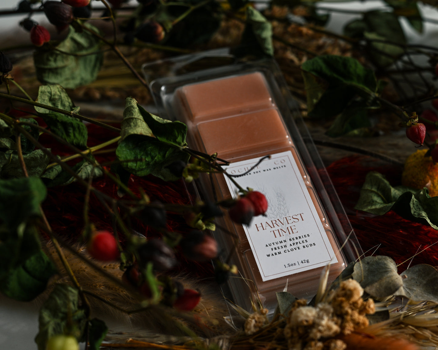 Single wax melt labeled 'Harvest Time' surrounded by autumn-themed decorations.