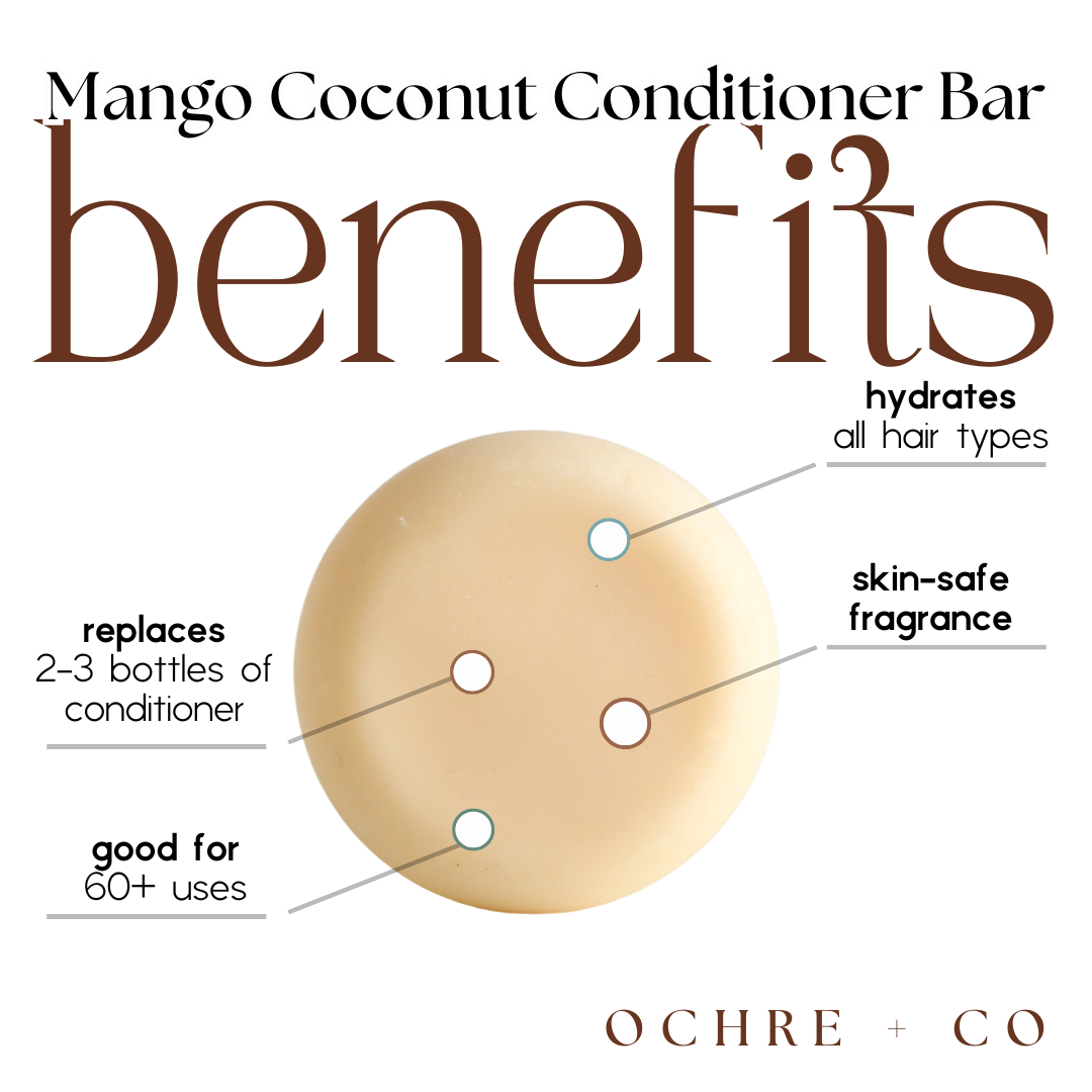 Mango Coconut Conditioner Bar benefits with a beige bar and text on a white background