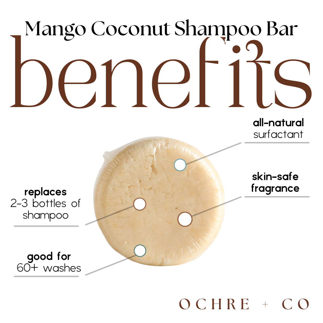 Mango Coconut Shampoo Bar with labeled benefits on a white background