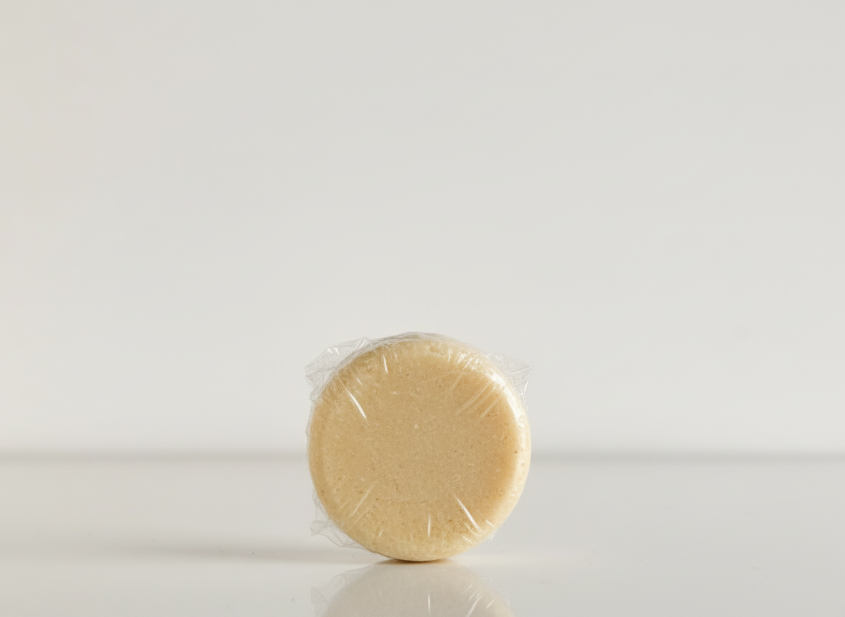 Bar of shampoo wrapped in clear plastic on a white background