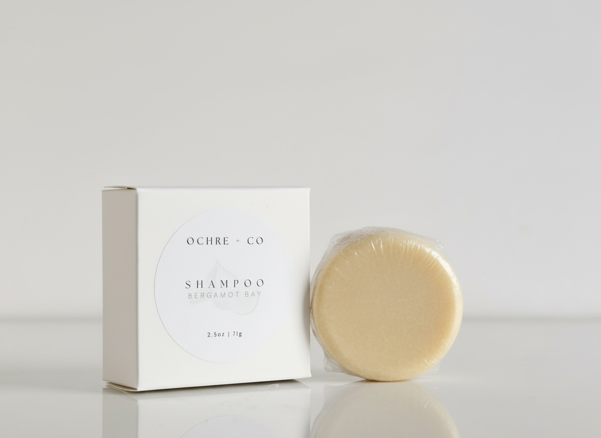 Ochre & Co shampoo bar and packaging on a light gray background
