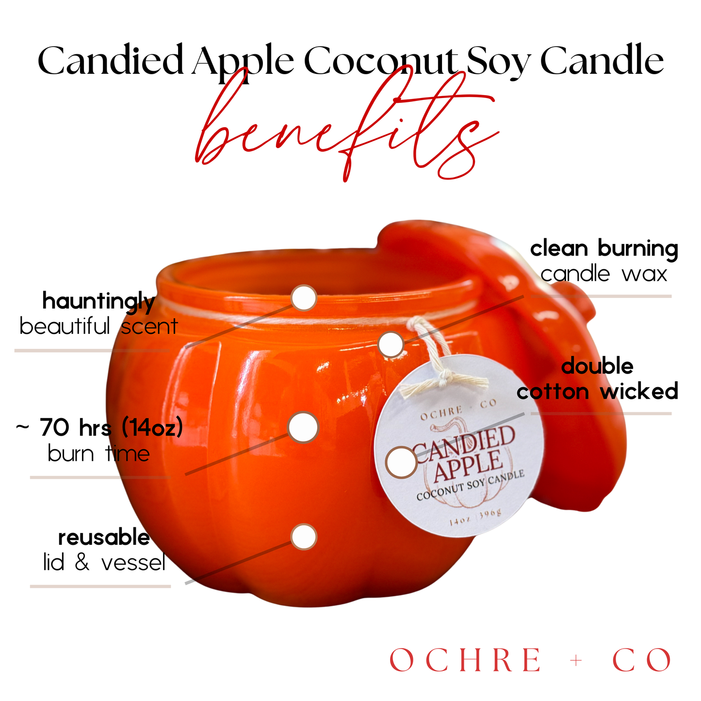 Candied Apple Coconut Soy Candle with benefits listed on a white background