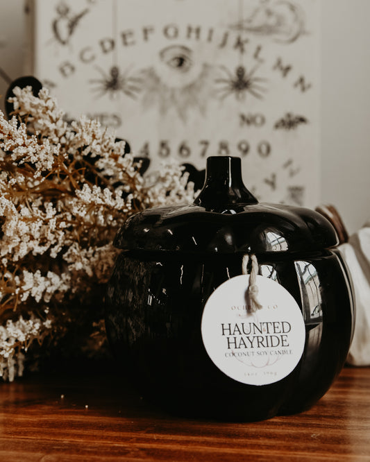 A black coconut soy candle with a label that reads 'Haunted Hayride', placed inside a black pumpkin-shaped container. The container is on a wooden surface with a decorative white item and a wall with a projector displaying letters and patterns in the background.