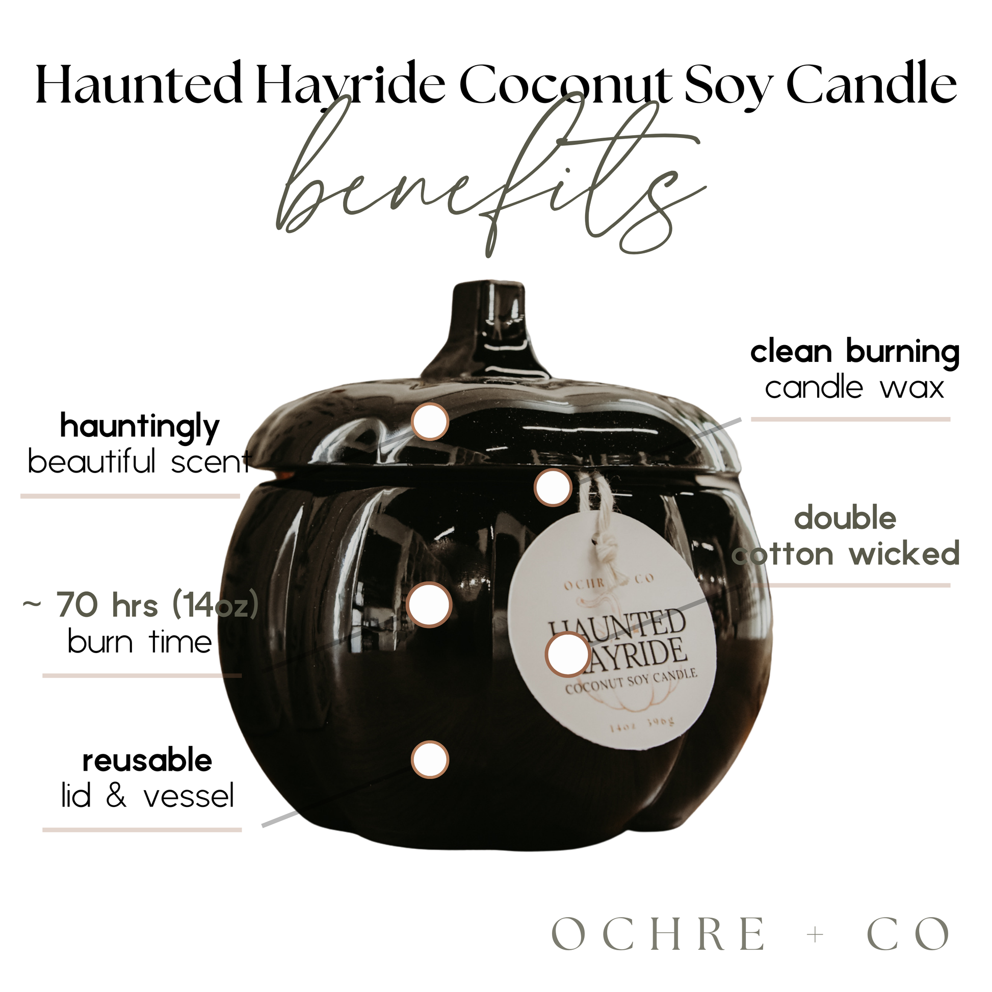 Black coconut soy candle with Ochre & Co label on a white background, listing benefits of the product.