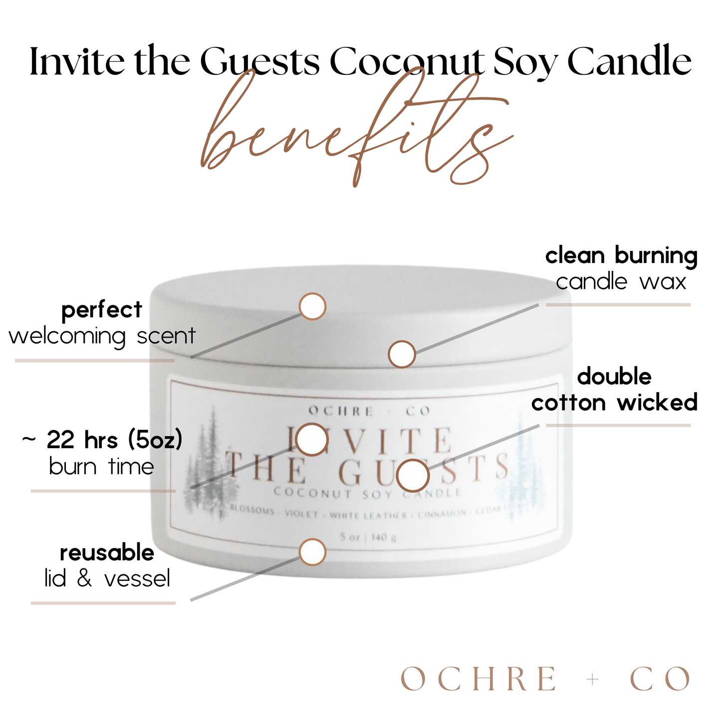 Invite the Guests coconut soy candle with labeled benefits on a white background