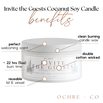 Invite the Guests coconut soy candle with labeled benefits on a white background