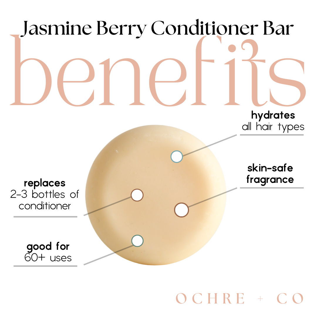 Jasmine Berry Conditioner Bar benefits with a beige bar and text on a white background