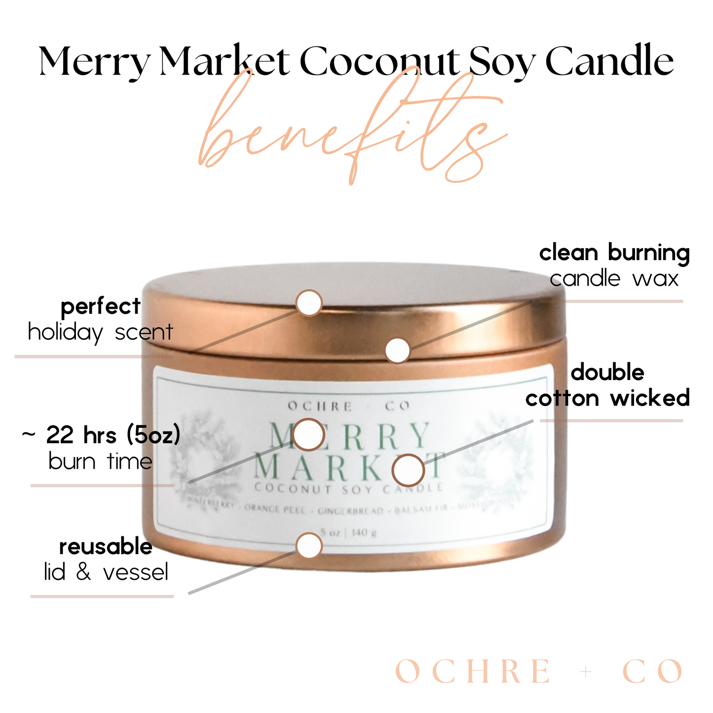 Merry Market coconut soy candle with labeled benefits on a white background