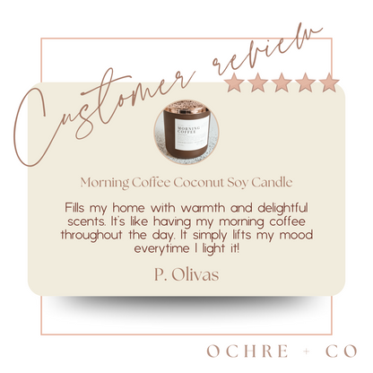Product review card for a 'Morning Coffee Coconut Soy Candle' with a five-star rating and customer quote.