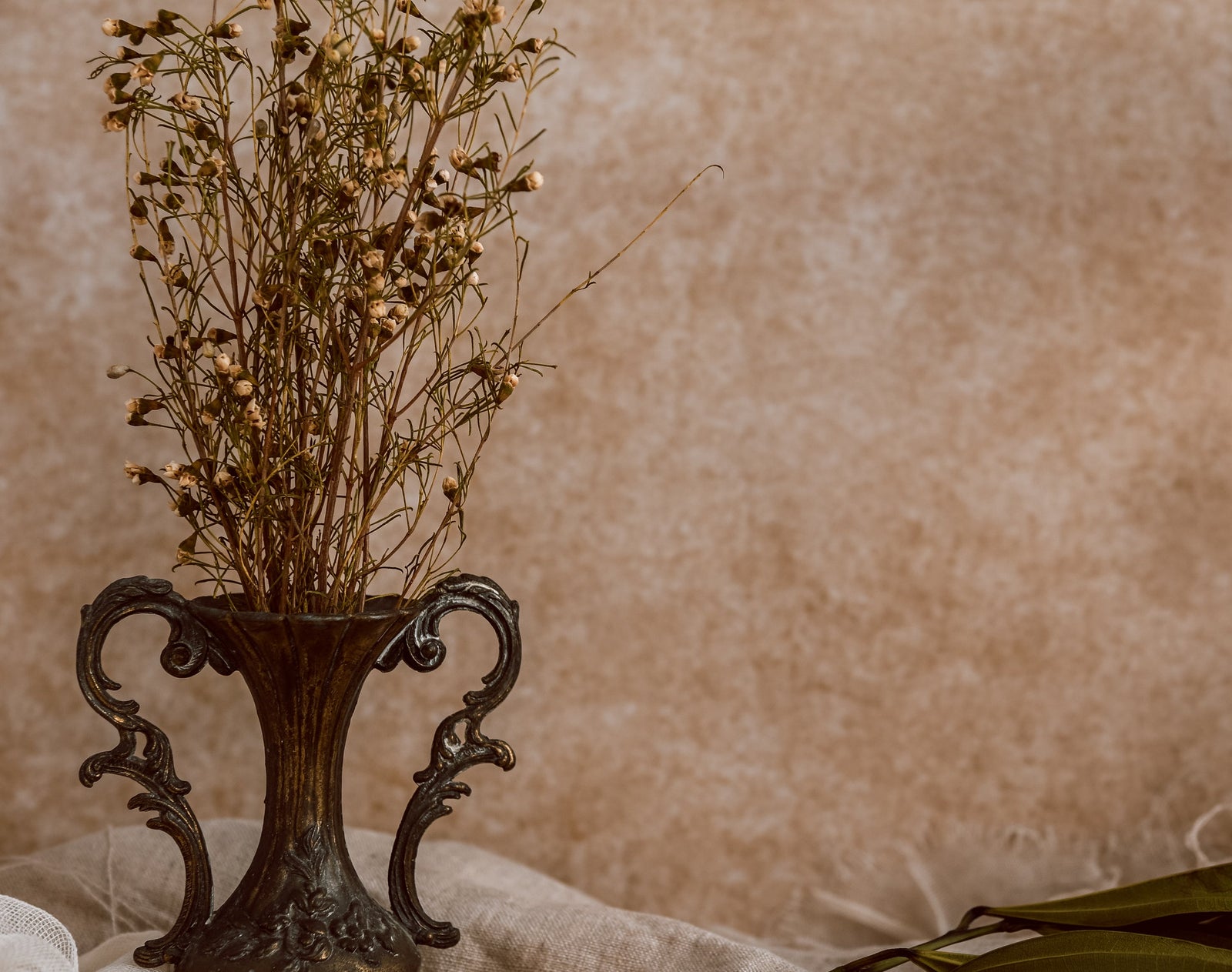A styled tabletop scene with a dark ornate metal vase holding dried flowers against a warm beige textured backdrop, with additional decorative flowers and leaves partially visible at the edges.
