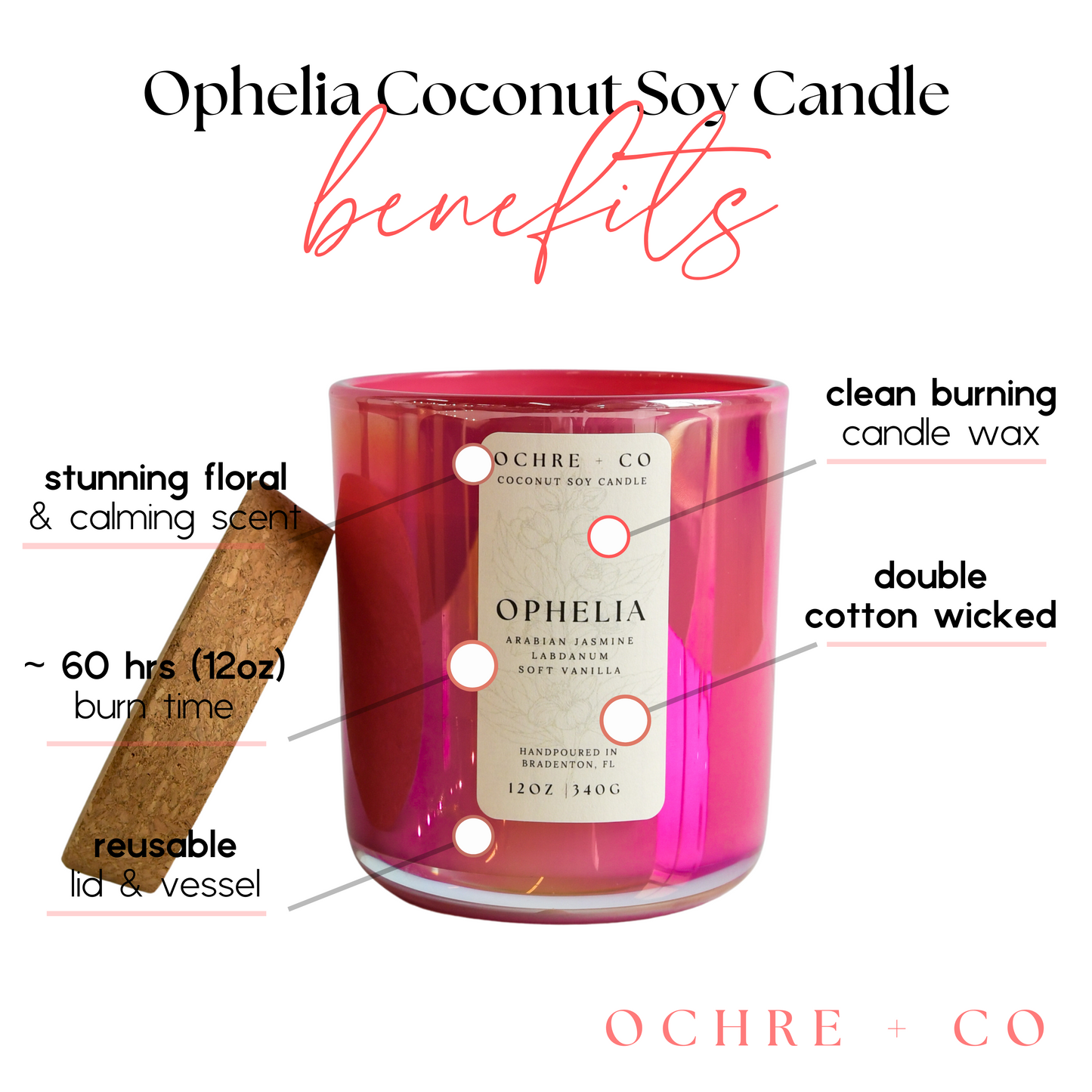 OCHRE + CO's Ophelia Coconut Soy Candle with labeled benefits on a white background