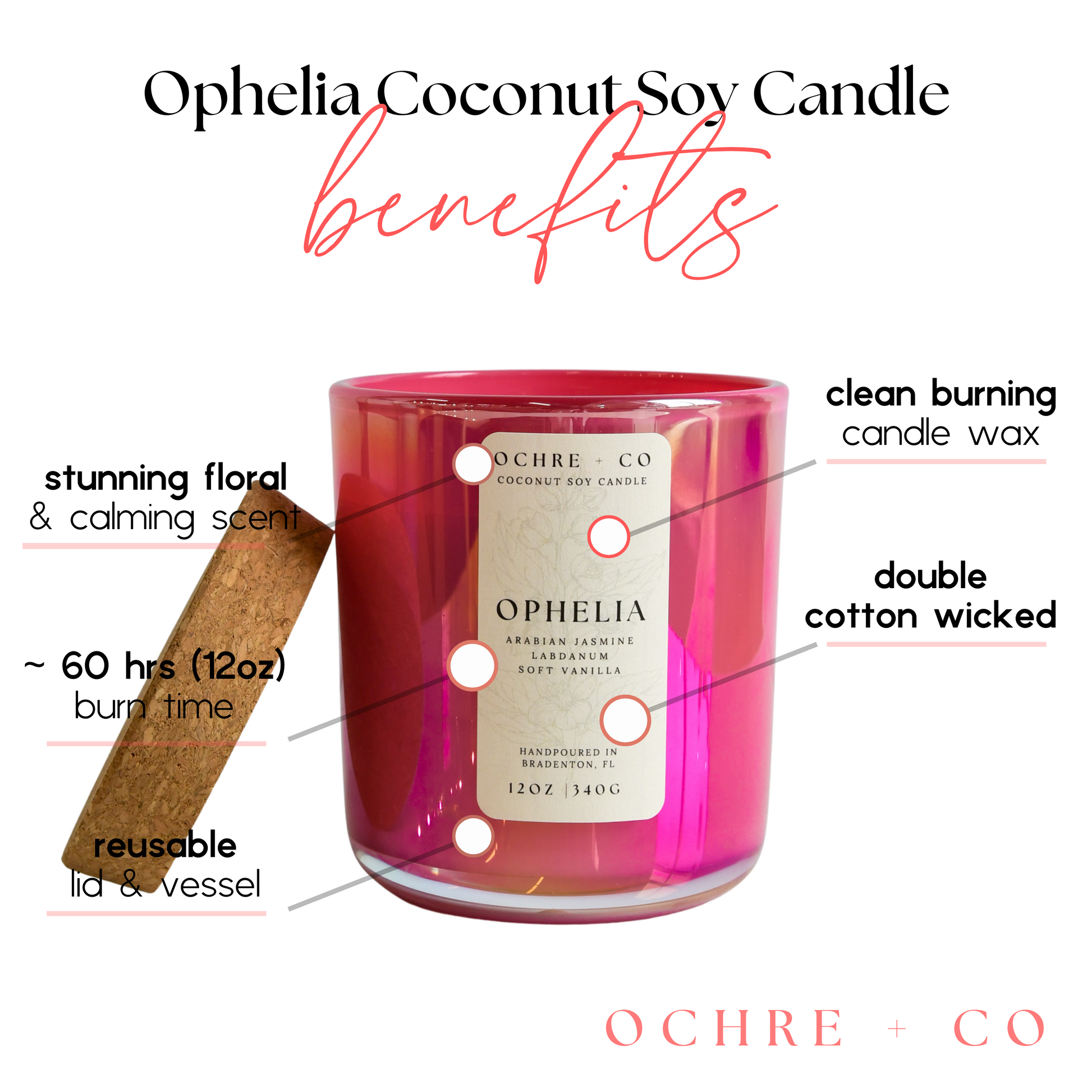 OCHRE + CO's Ophelia Coconut Soy Candle with labeled benefits on a white background