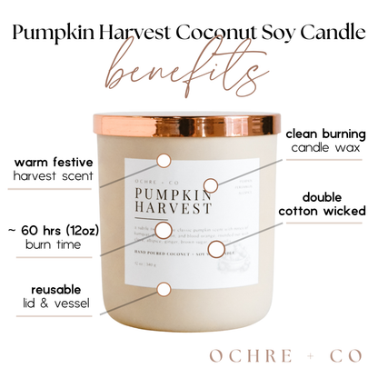 OCHRE + CO's Pumpkin Harvest Coconut Soy Candle with labeled benefits on a white background